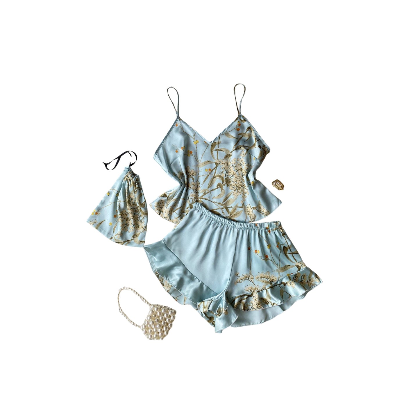 Floral Faux Silk Pajama Set - Light Green