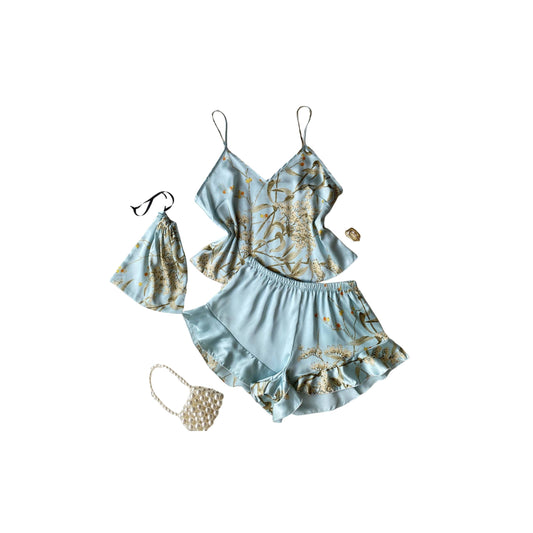 Floral Faux Silk Pajama Set - Light Green