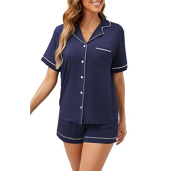 Bamboo Viscose Short-Sleeved Pajamas Set - Navy Blue