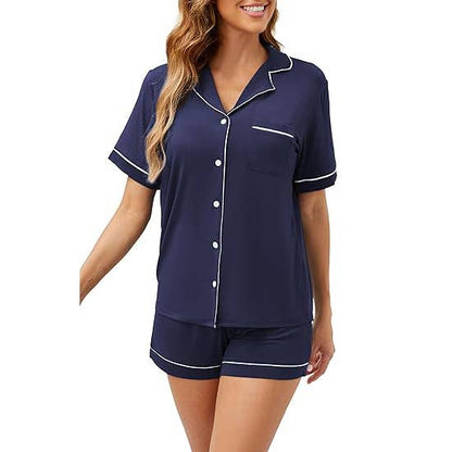 Bamboo Viscose Short-Sleeved Pajamas Set - Navy Blue