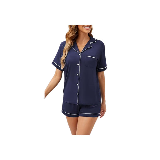 Bamboo Viscose Short-Sleeved Pajamas Set - Navy Blue