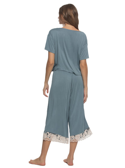 Amelie Vintage Lace Cropped Tee and Pants - Stormy Blue