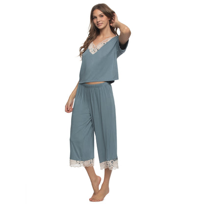 Amelie Vintage Lace Cropped Tee and Pants - Stormy Blue