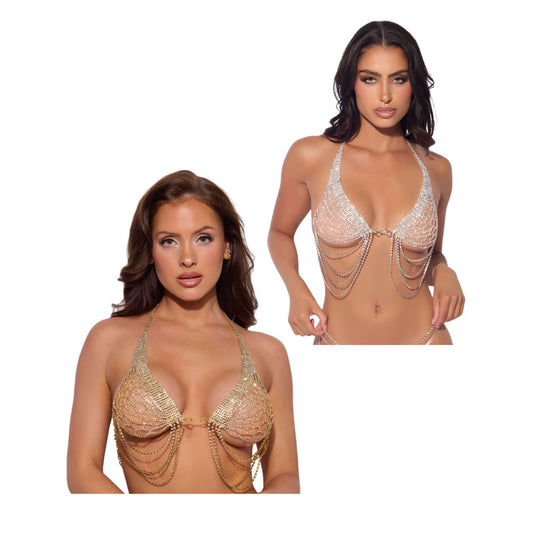 Rhinestone Net Halter with Openable Front