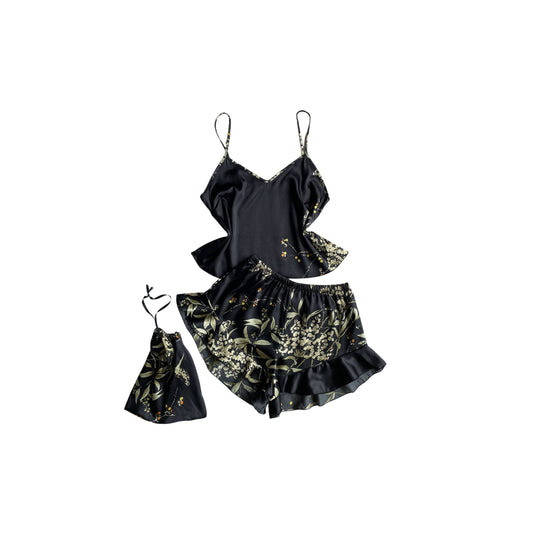 Floral Faux Silk Pajama Set - Black