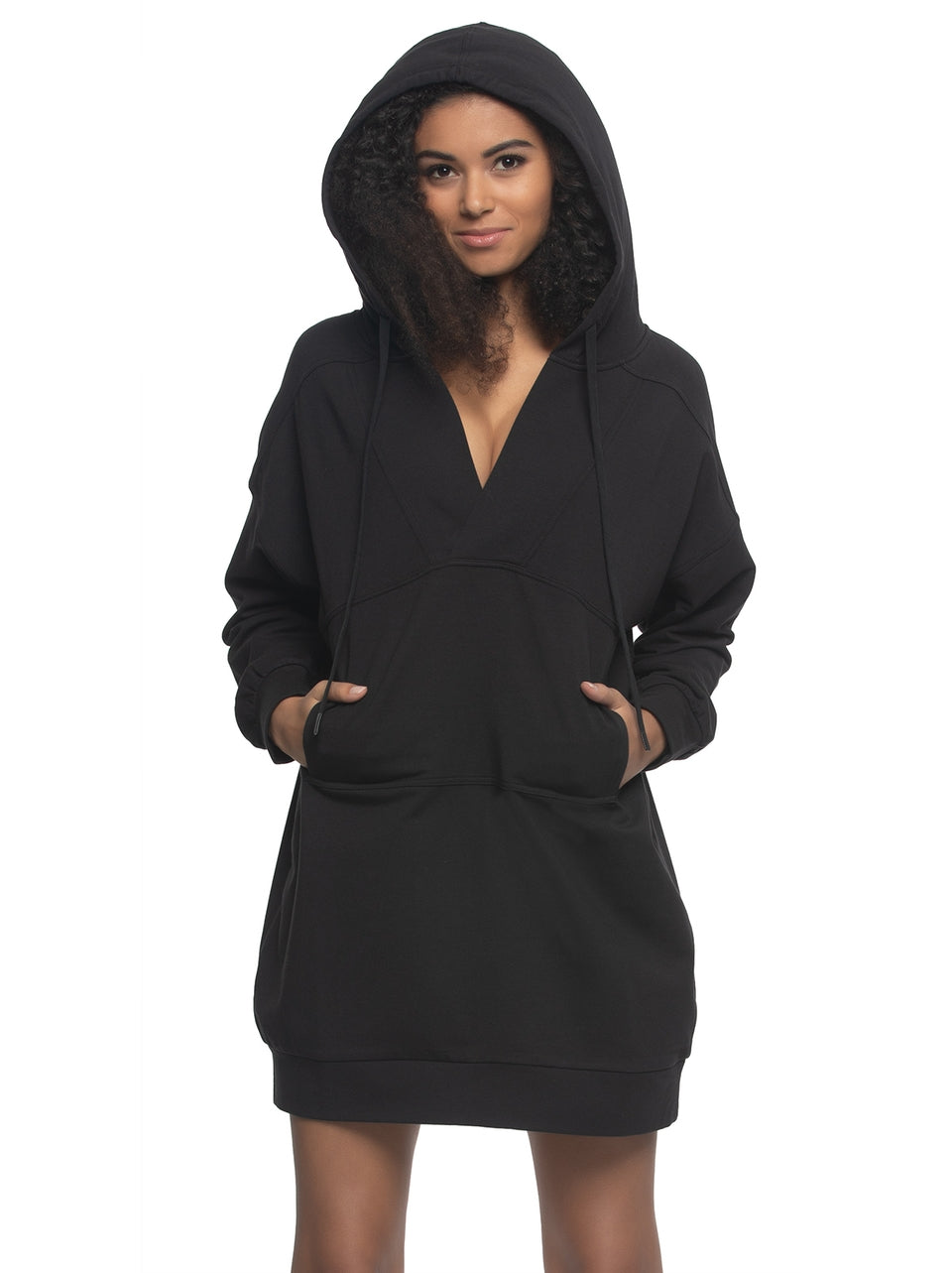 Kimora French Terry V-Neck Hoodie Sweatshirt Dress - Black