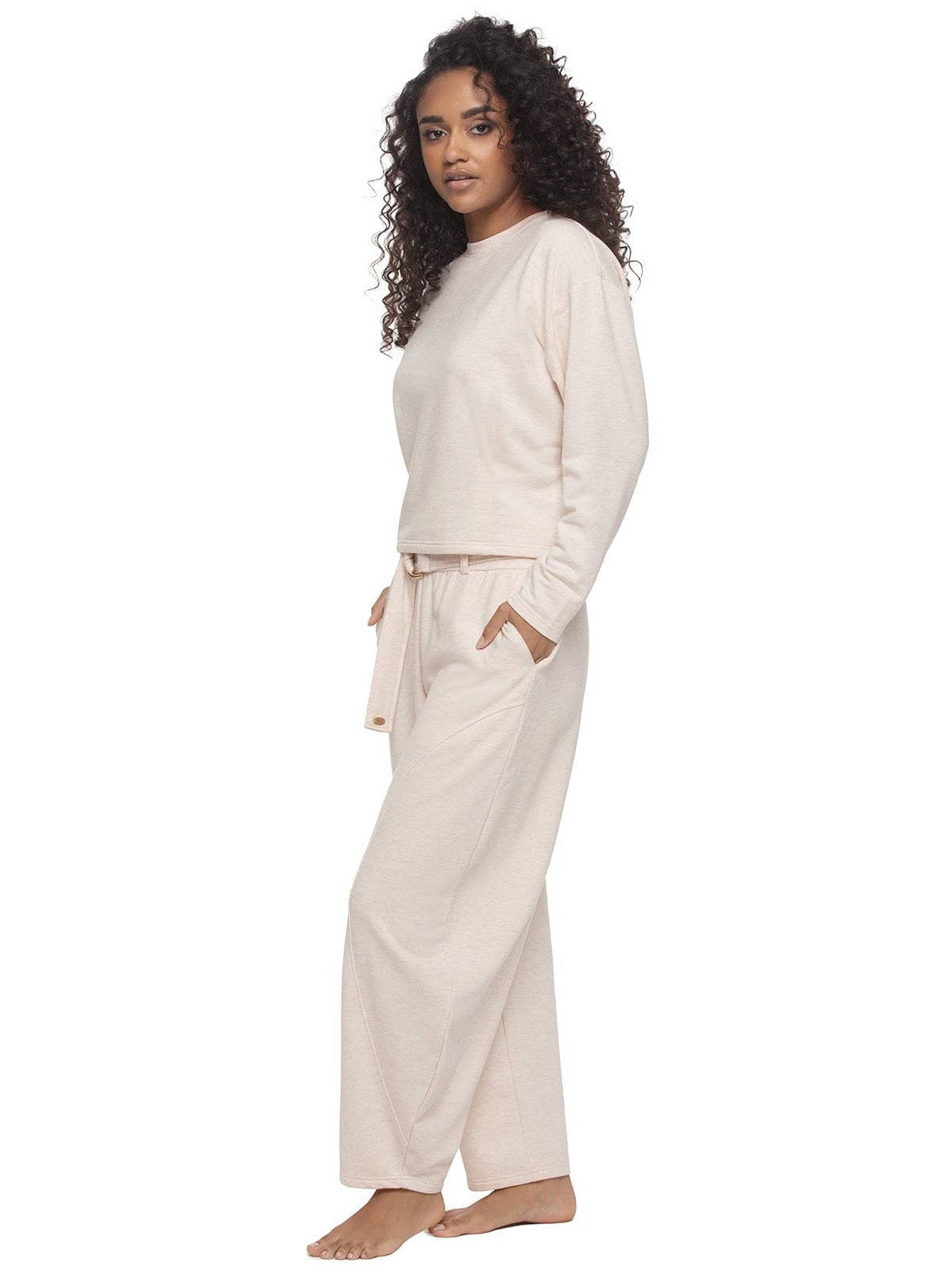 Emery Fleece Belted Barrel Pant Set - Heather Sand