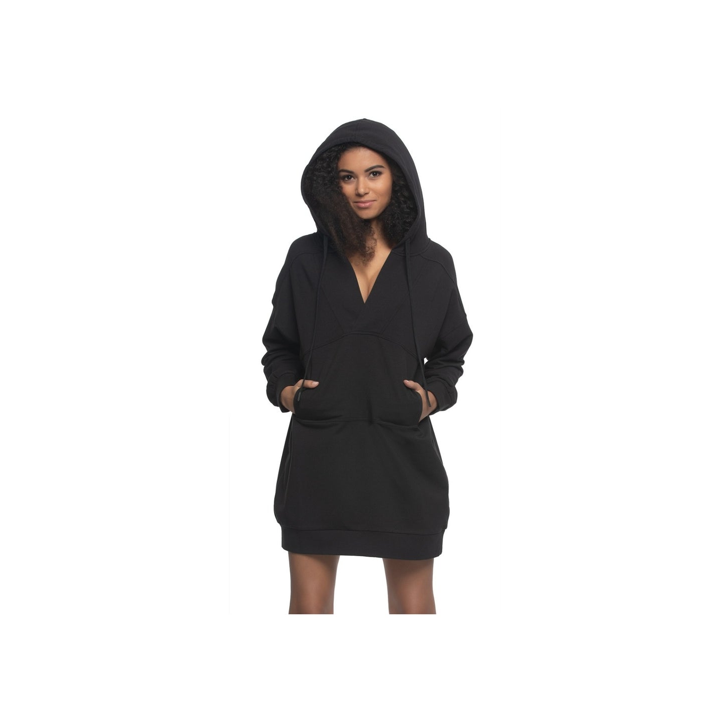 Kimora French Terry V-Neck Hoodie Sweatshirt Dress - Black