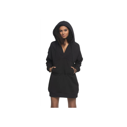 Kimora French Terry V-Neck Hoodie Sweatshirt Dress - Black