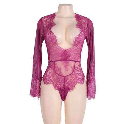 Long Sleeve Eyelash Lace Bodysuit Deep V Neckline
