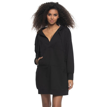 Kimora French Terry V-Neck Hoodie Sweatshirt Dress - Black