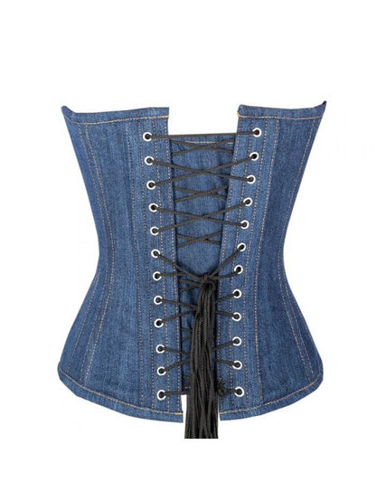 Denim Front Zip Corset with Wire Boning w/ Lace Up