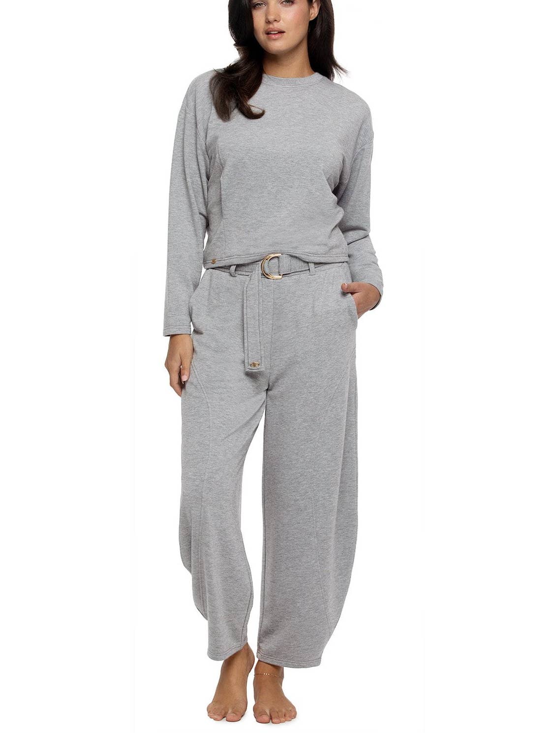 Emery Fleece Belted Barrel Pant Set - Heather Grey