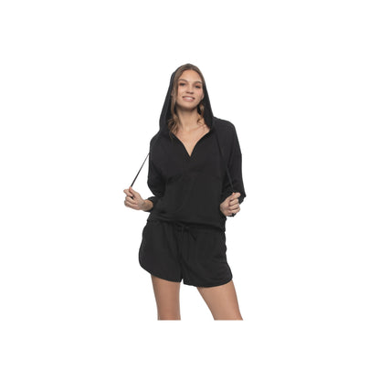 Kimora V-Neck Hoodie & Short Set - Black