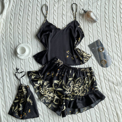 Floral Faux Silk Pajama Set - Black