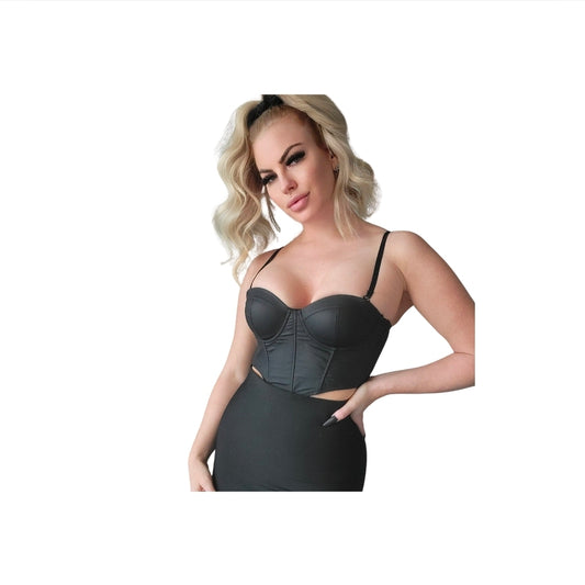 Black PVC Vegan Leather Corset with Lace Back Detail