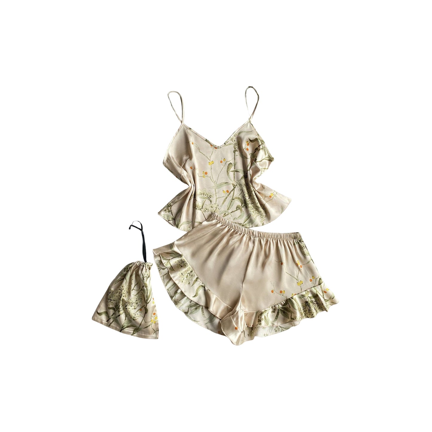 Floral Faux Silk Pajama Set - Champagne
