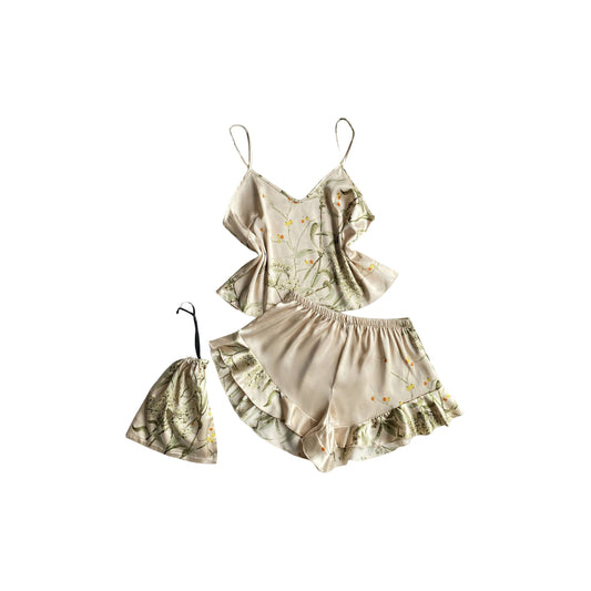 Floral Faux Silk Pajama Set - Champagne