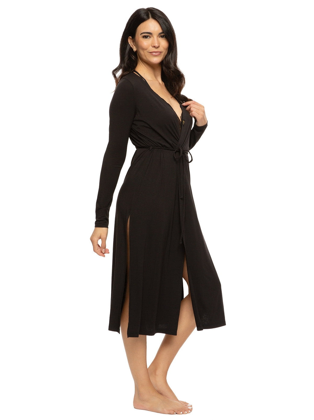 Lena Modal Linen Blend Cardigan Robe - Black
