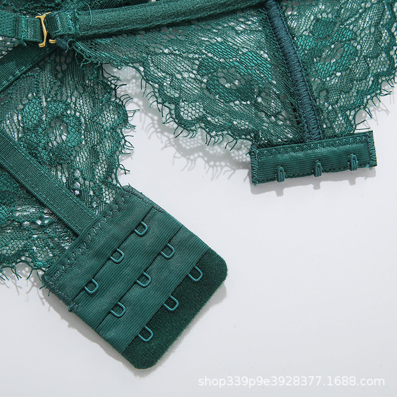 Eyelash Lace Bra Set W/Garters - Green