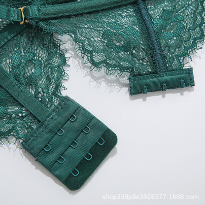 Eyelash Lace Bra Set W/Garters - Green